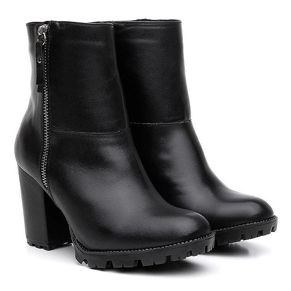 Bota Coturno Feminina Couro Zíper Cano Médio Lisa Casual - Preto