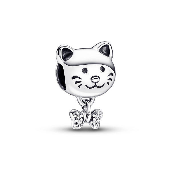 Charm Prata Pendente Gato e Laço