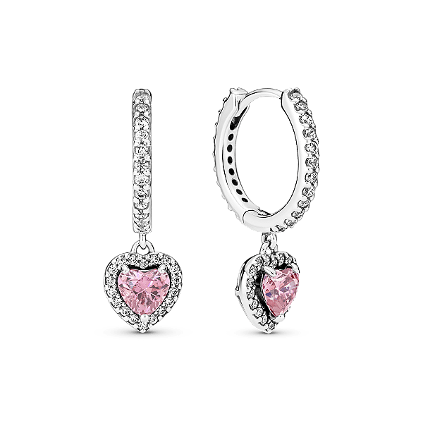 Brinco Argola Prata Pendente Coração Rosa Brilhante