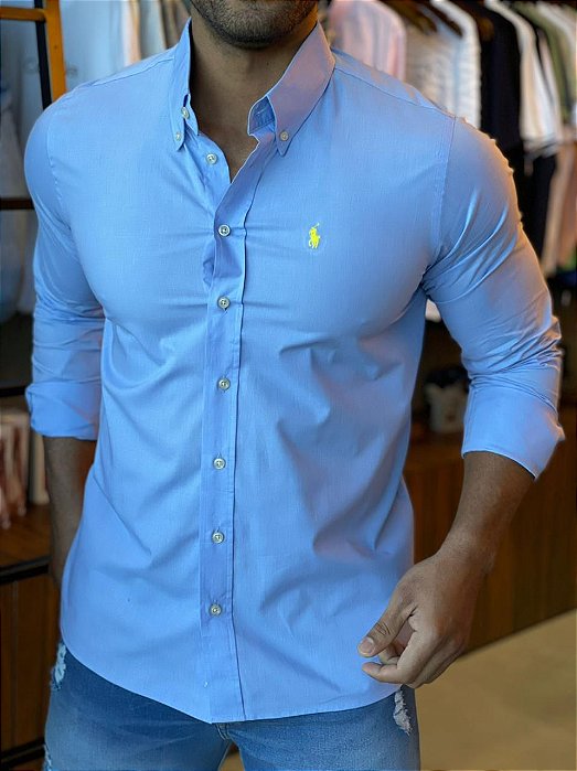 CAMISA RALPH LAUREN ML AZUL CLARO PONEY AMARELO - HENRI STORE MULTIMARCAS