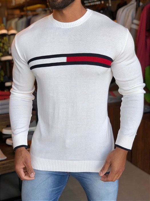 SUETER TOMMY HILFIGER BRANCO LOGO LISTRA - HENRI STORE MULTIMARCAS