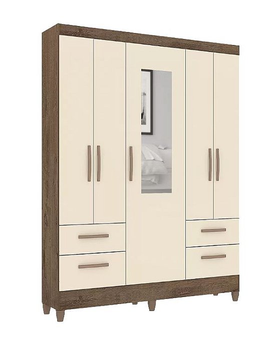 Roupeiro 5 Portas 4 Gavetas com Espelho Vitória Mocaccino Rustivo/ Natura Off White - ATUALLE MÓVEIS
