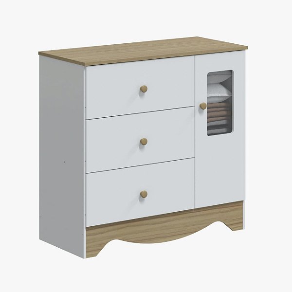 Cômoda 3 Gavetas 1 Porta Ben 100% MDF Branco/ Carvalho - MÓVEIS PEROLA