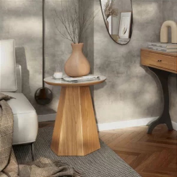 Mesa Lateral com Base Hexagonal TB606 55x50X50cm 100% MDF cor. WJ Freijó/ Off White - DALLA COSTA
