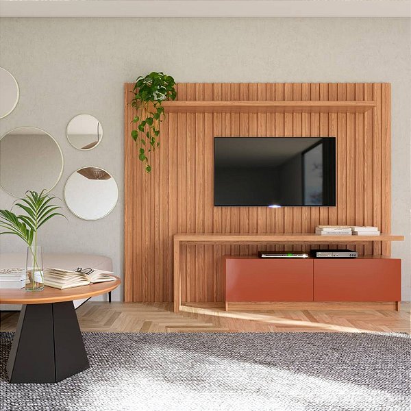Painel Ripado com Rack 2 Portas 1.83X2.23X37 100% MDF TB183 Freijó/ Terra Cota - DALLA COSTA