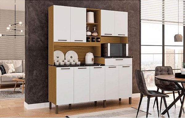 Kit Cozinha 9 Portas 1 Gaveta Merlot Prime 100% MDF Castanho/ Branco - RONIPA