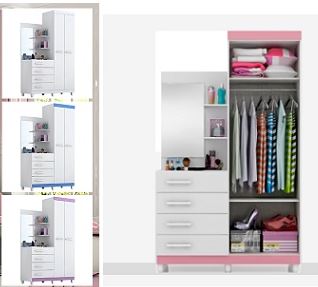 Roupeiro Melissa 2 Portas 4 Gavetas com Cômoda e Espelho Branco-Rosa/Azul - ACP MÓVEIS