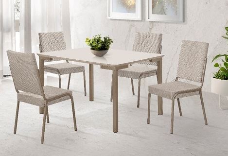 Conj Mesa 4 Cadeira ISIS 120X90 CJ22 Champangne TP MDF C/Vidro Off White cad Eloa Linho Bege A503 - AÇO NOBRE