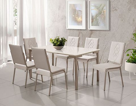 Conj Mesa 6 Cadeiras ISIS 160X90 CJ22 Champagne tp MDF C/ Vidro Off White cad Eloa Linho Bege A503 - AÇO NOBRE