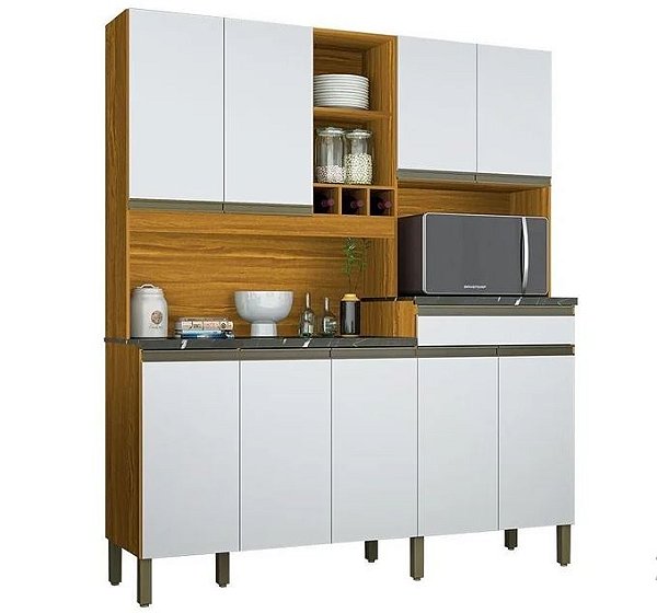 KIt Cozinha 9 Portas 1 Gaveta Merlot Perfil 100% MDF Amêndoa/ Branco - RIO DOCE