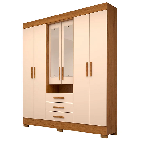 Roupeiro 6 Portas 3 Gavetas c/ Espelho Capelinha 100% MDF Cinamomo Off White - ACP MÓVEIS