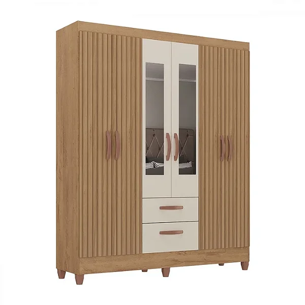 Roupeiro 6 Portas 2 Gavetas c/ Espelho Fortaleza Plus Canelato Rustico 3D Natural Off White - ATUALLE MÓVEIS