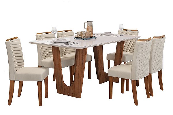 Conjunto Mesa 6 Cadeiras Nala 170 Tp Cha Curvo Vidro Cedro/ Off White Cadeira Lia Tec Linho Neve - DJ MÓVEIS