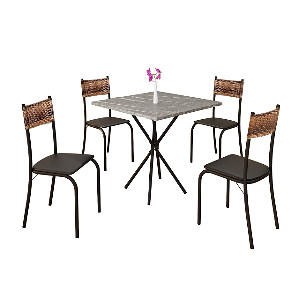 Conjunto Mesa 4 Cadeira Atlanta 70X70 Tb Preto Tpo Granito Topazio Tec. Corino Preto - MÓVEIS TEIXEIRA
