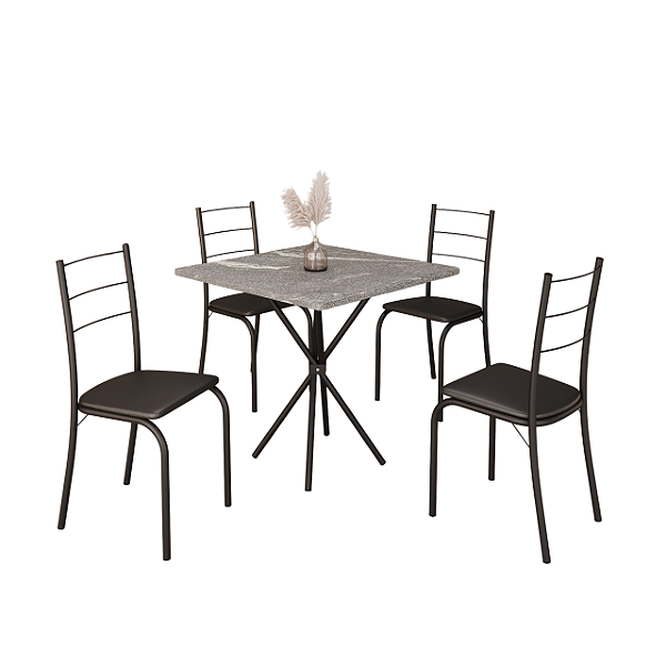 Conjunto Mesa 4 Cadeira Marica 70X70 Tb Preto Tpo Granito Topázio Tec. Corino Preto - MÓVEIS TEIXEIRA