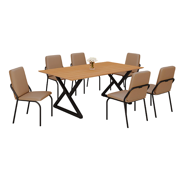 Conjunto Mesa 6 Cadeira Império 160X90 Tb Preto Tpo Proa Cad. Corino Capuccino - MÓVEIS TEIXERA