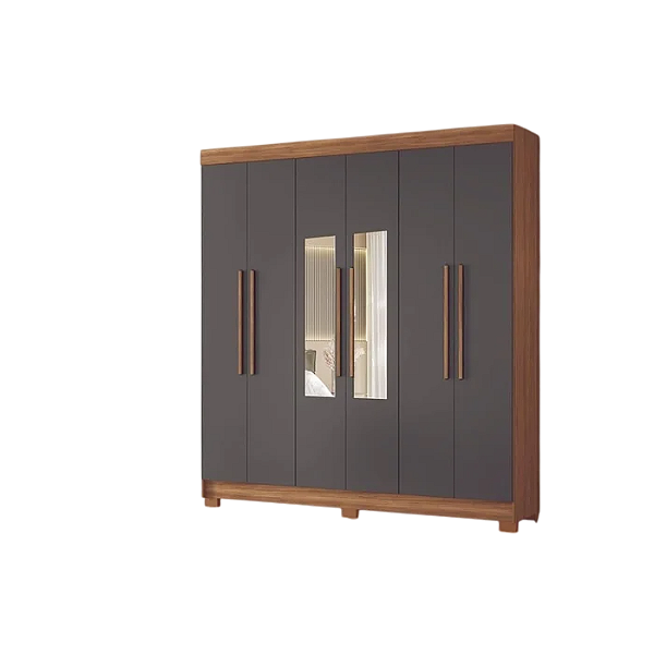 Roupeiro 6 Portas 2 Gavetas C/ Espelho Toledo Jatobá/ Grafite - SANTOS SANDIRÁ