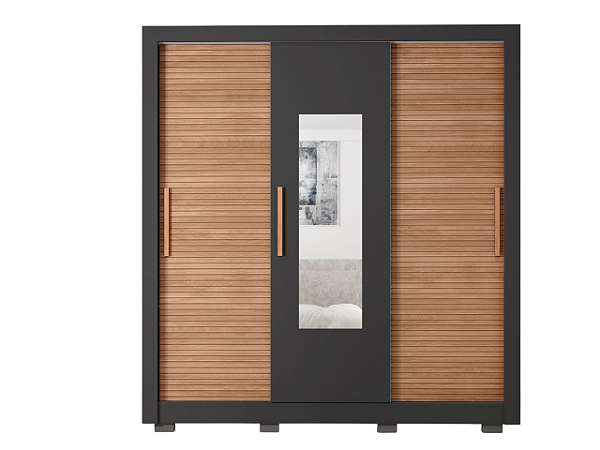 Roupeiro 3 Portas 2 Gavetas Chile 1.9 C/ Espelho Preto - Freijó - CAEMMUN