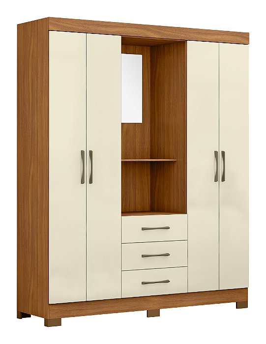 Roupeiro 4 Portas 3 Gavetas C/ Espelho Marrocos 3665-77 Cinamomo/ Off White - MAXEL