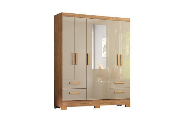 Roupeiro 5 Portas 4 Gavetas c/ Espelho Vitoria Plus 4322R-490 Acácia/ Reflecta - ATUALLE MÓVEIS