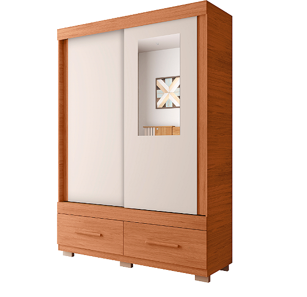 Roupeiro 2 Portas 2 Gavetas c/ Espelho Sereno Freijo/ Off White - CAEMMUN