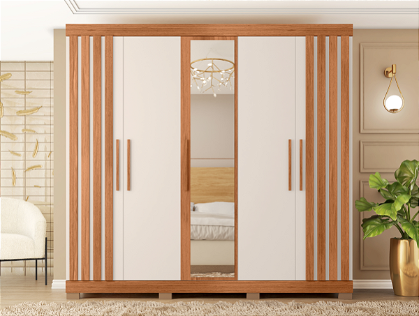 Roupeiro 5 Portas 2 Gavetas c/ Espelho Sofia 2.2 Freijo/ Off White - CAEMMUN