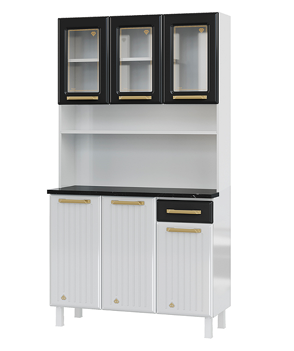 Kit Cozinha 6 Portas 1 Gaveta c/ Vidro Diamante New 818226-02 Preto/ Branco -TELASUL