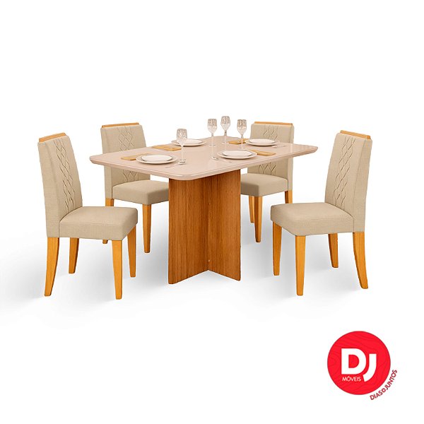 Conjunto Mesa 4 Cadeira Hera 120 PT CUR VD Freijó/ Off White Cadeira Zoe Tecido Veludo Creme - DJ MÓVEIS