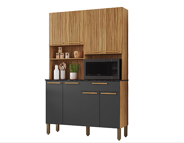 Kit Cozinha 8 Portas 1 Gaveta Tannat Frisado 100% MDF Amêndoa/ Chumbo - RIO DOCE