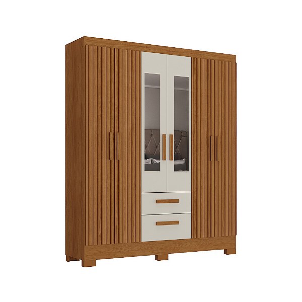 Roupeiro 6 Portas 2 Gavetas c/ Espelho Fortaleza Plus 4506R-607 Nogueira/ 3D Nogueira + Natura - ATUALLE MÓVEIS