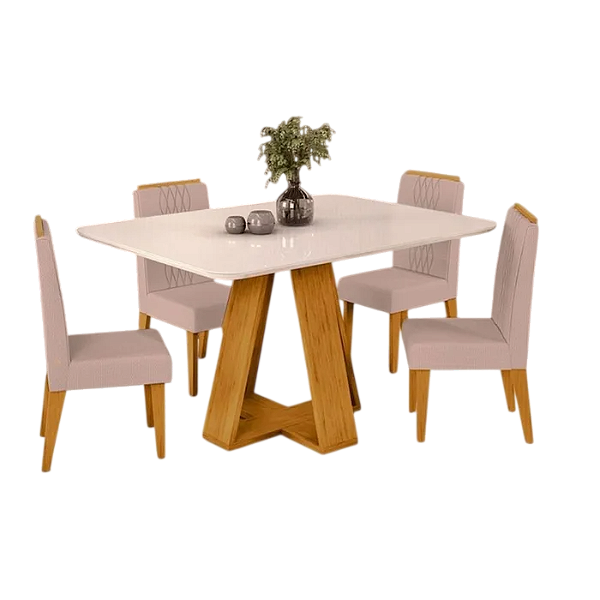 Conjunto Mesa 4 Celeste 120 Tampo Curvo Vidro Cedro/ Off Cadeira Lia Tec Linho Bege - DJ MÓVEIS