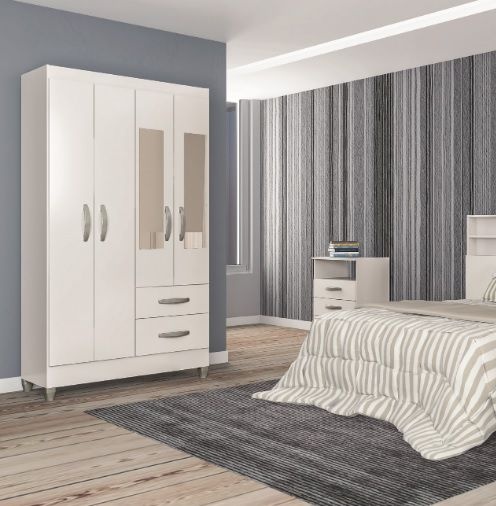 Roupeiro 4 Portas 2 Gavetas com Espelho Real 3300-6 Branco Brilho - ATUALLE MÓVEIS