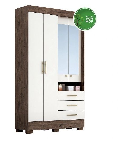 Roupeiro 4 Portas 3 Gavetas com Espelho Débora Capelinha 100% MDF Café Off White - ACP MÓMEIS