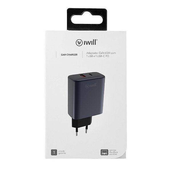 Carregador GaN 65W com 1 USB e 1 USB-C PD