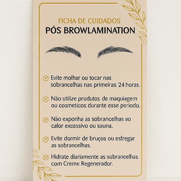 FICHA DE CUIDADOS PÓS BROW LAMINATION (20 CARTÕES)