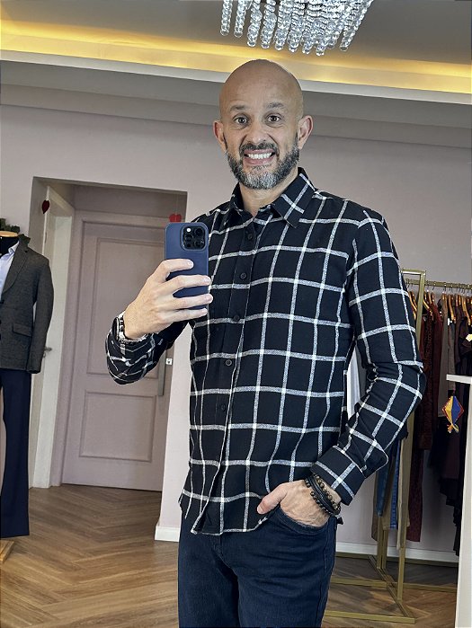 Camisa masculina xadrez flanelada preta
