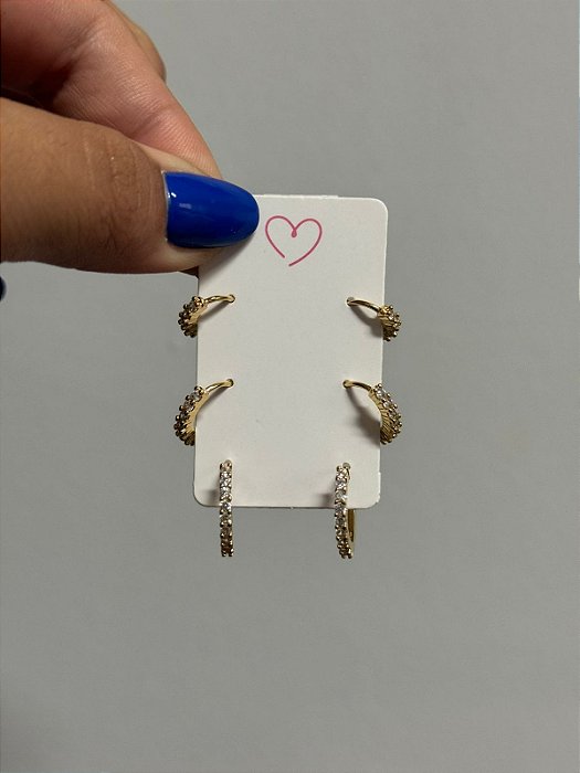 Brinco trio zircônia dourado