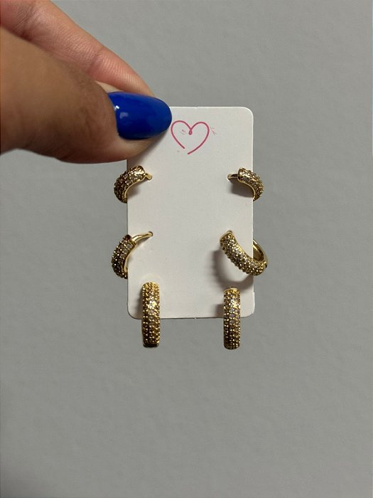 Brinco trio zircônia dourado
