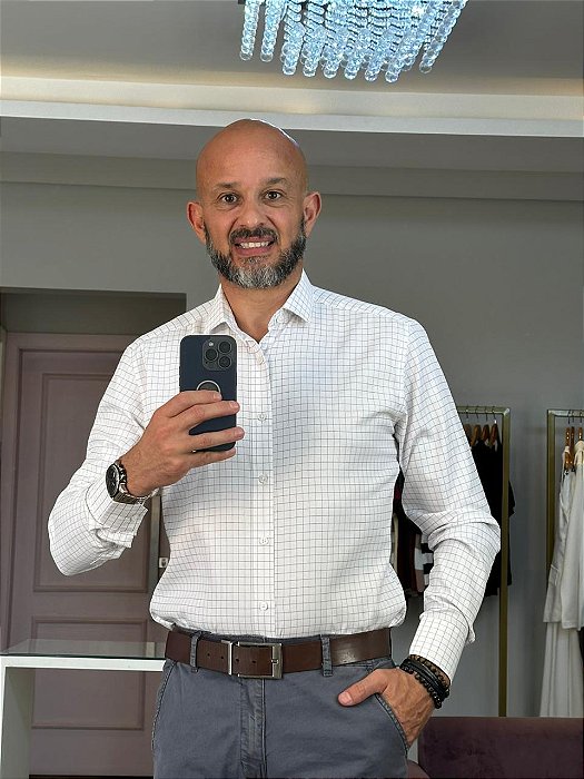 Camisa social masculina slim fit fibra de bambu xadrez cinza