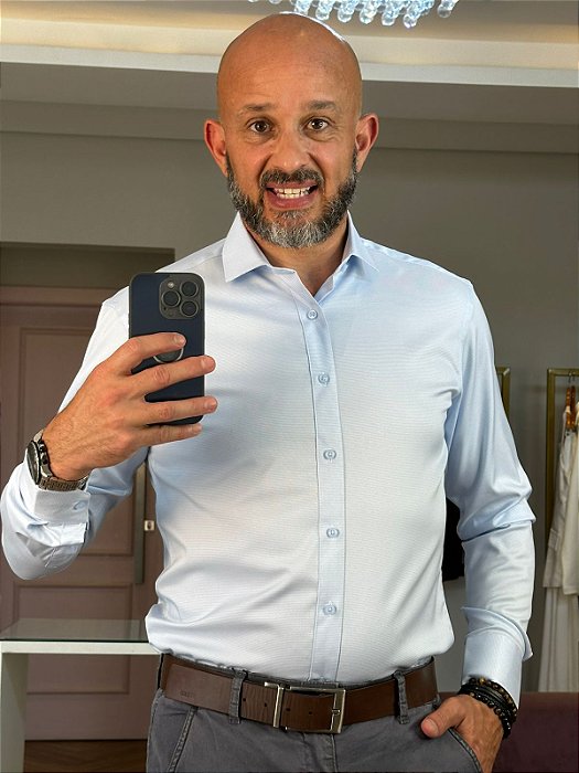 Camisa social masculina slim fit fibra de bambu vichy azul