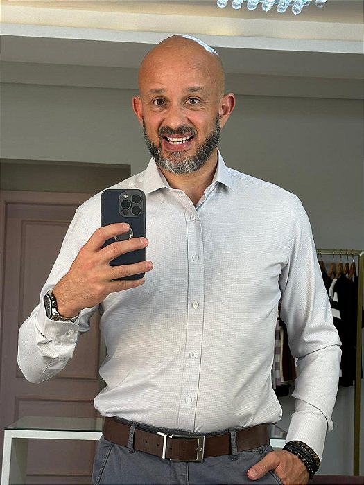Camisa social masculina slim fit fibra de bambu vichy cinza