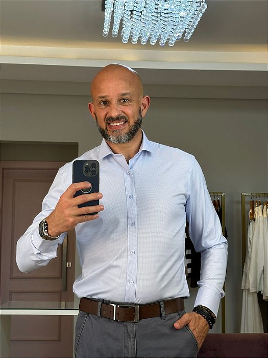 Camisa social masculina slim fit fibra de bambu vichy azul