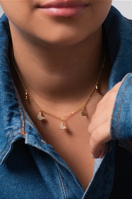 Chocker borboletas micro zircônia dourado