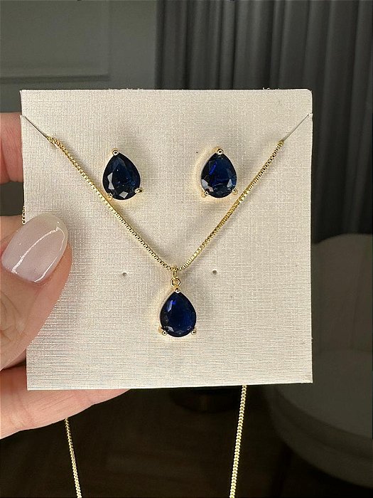 Conjunto gota safira dourado