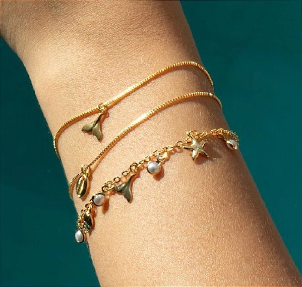 Pulseira mar pérola lisa dourado