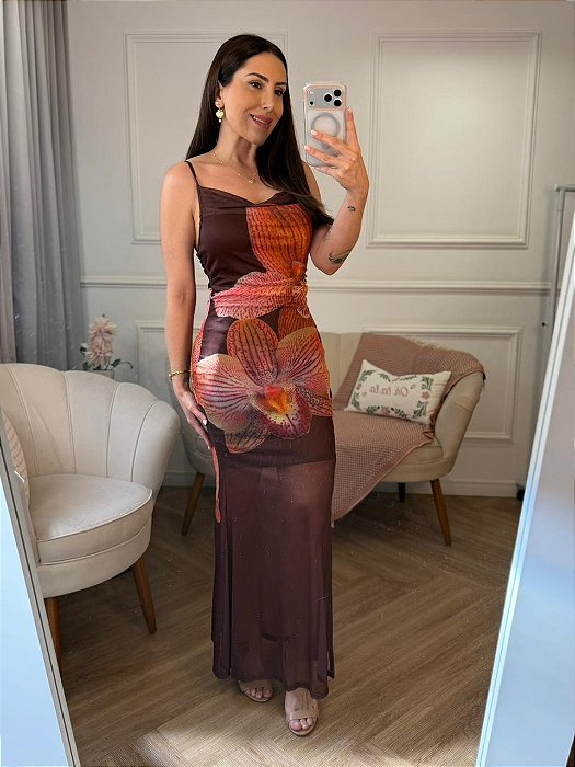 Vestido longo de tule alça fina