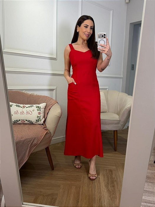 Vestido midi alfaiataria alça franzida