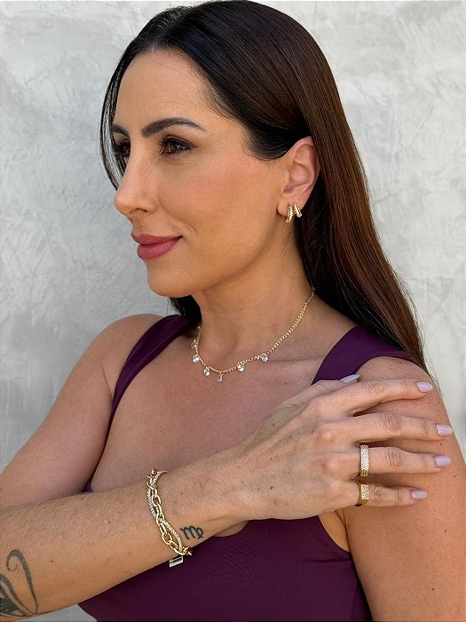 Pulseira elo oval liso com revieira