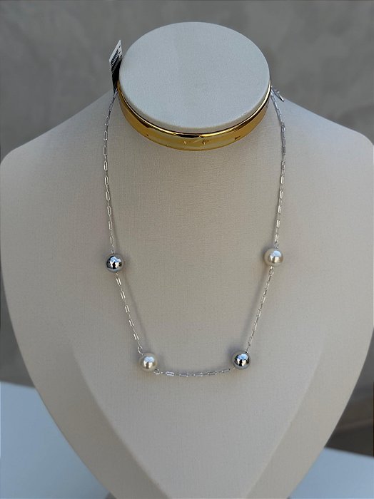 Choker pérola e bola lisa branco