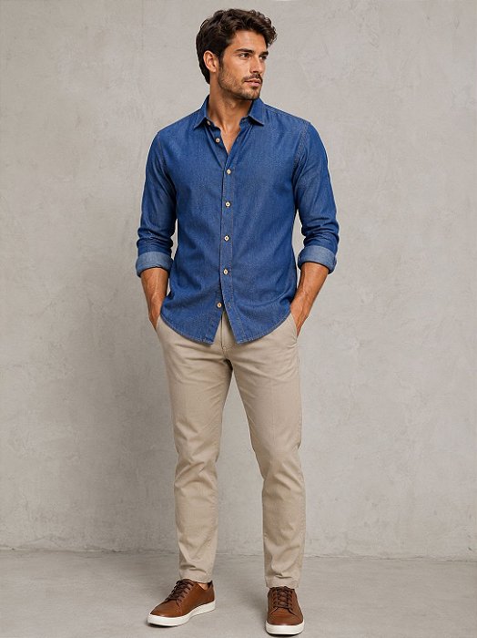 Camisa jeans masculina sem bolso